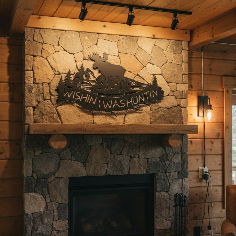A rustic metal wall sign featuring a moose silhouette and forest pine trees with the text "Wishin' I Was Huntin'" mounted on a natural wood log cabin wall.