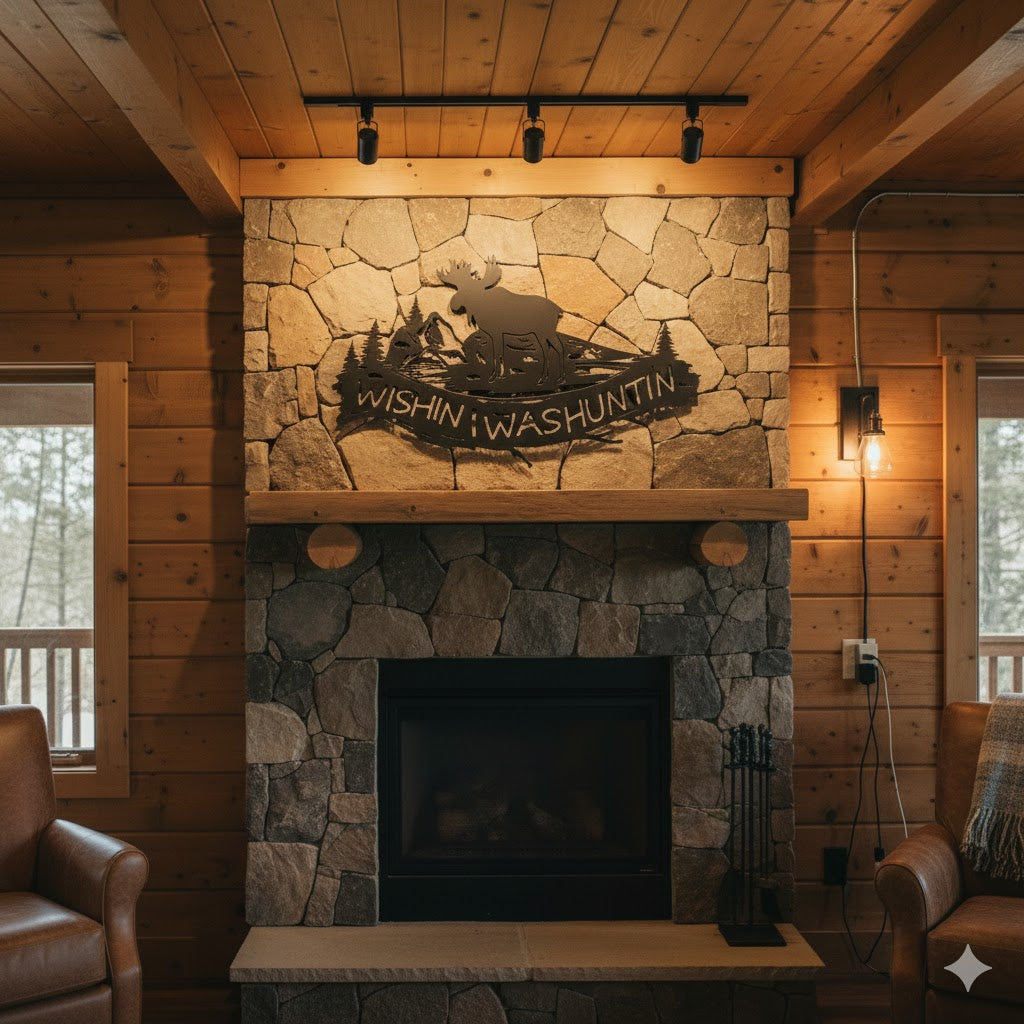 A rustic metal wall sign featuring a moose silhouette and forest pine trees with the text "Wishin' I Was Huntin'" mounted on a natural wood log cabin wall.