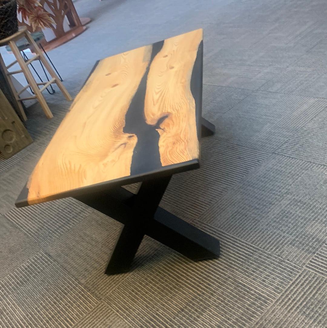 Fir Coffee table with Black Epoxy accents and Steel Legs - Northern Heart Designs