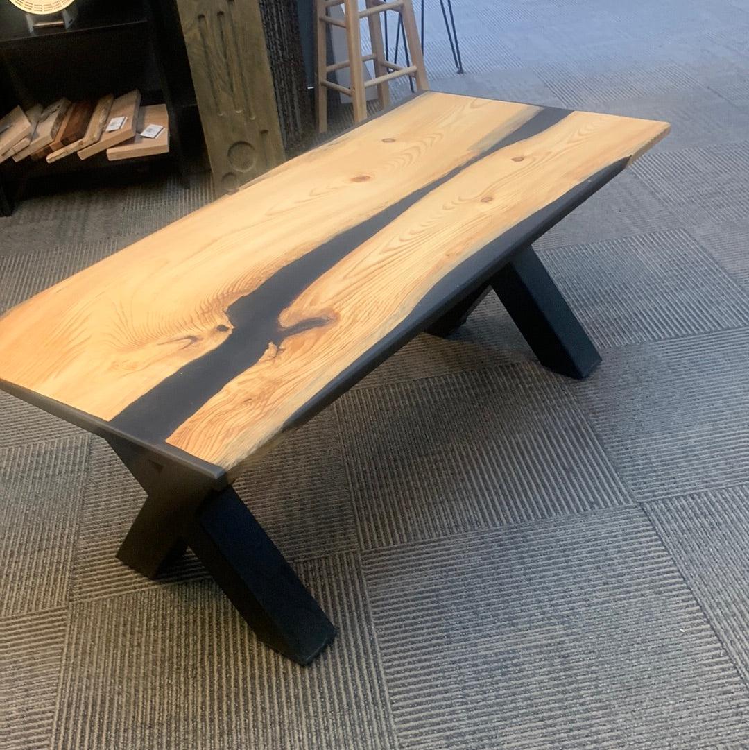 Fir Coffee table with Black Epoxy accents and Steel Legs - Northern Heart Designs