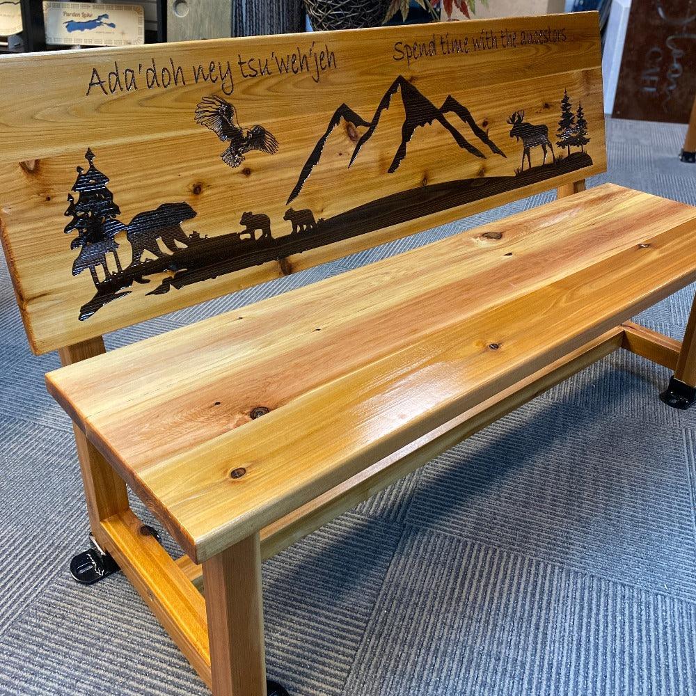Live edge bench with Carved back - Northern Heart Designs