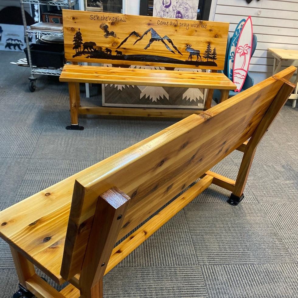 Live edge bench with Carved back - Northern Heart Designs