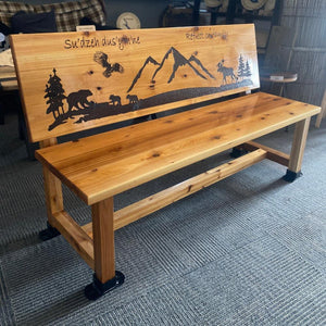 Live edge bench with Carved back - Northern Heart Designs