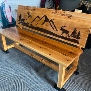 Live edge bench with Carved back - Northern Heart Designs