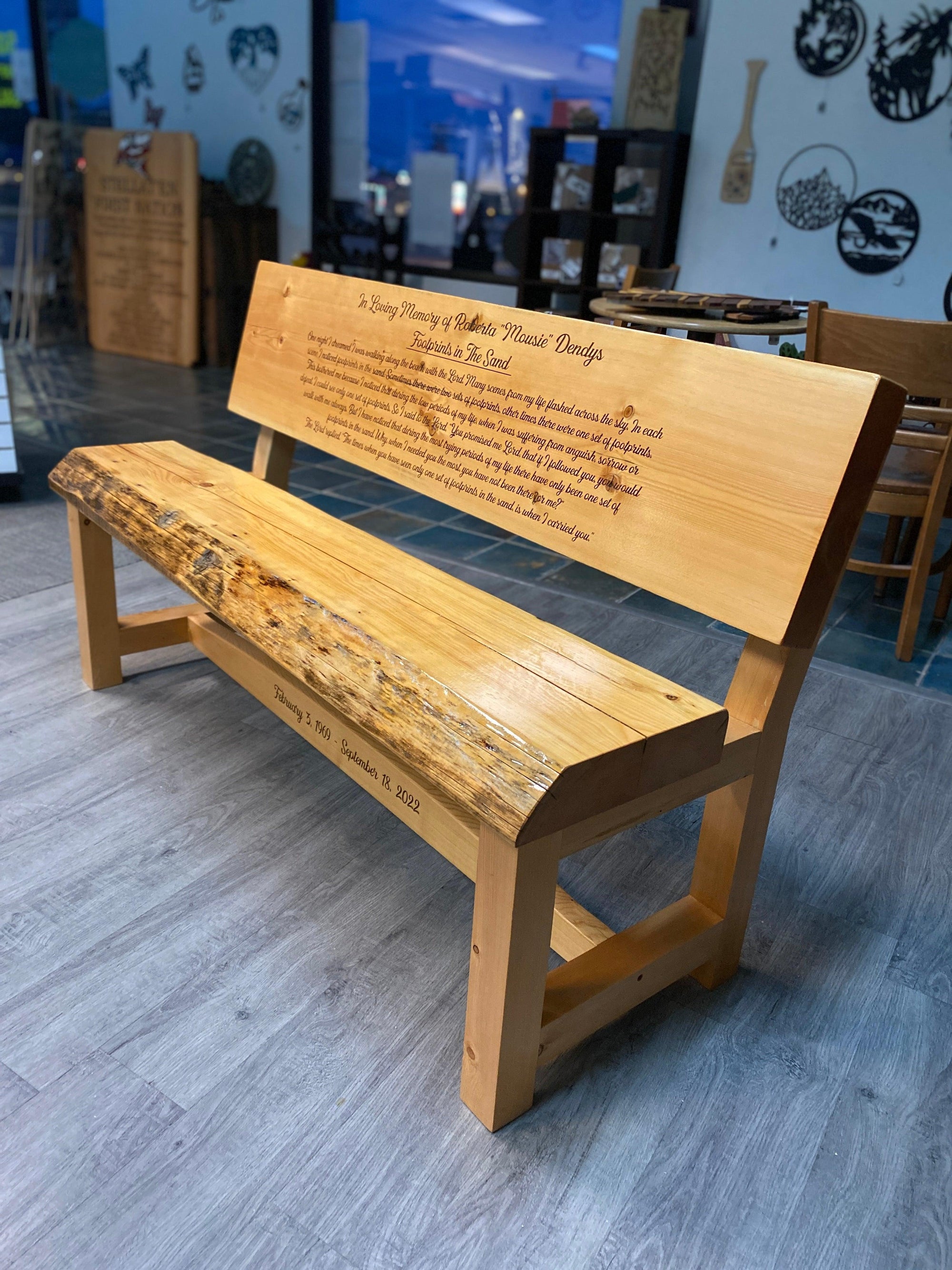 Live edge bench with Memorial plaque - Northern Heart Designs