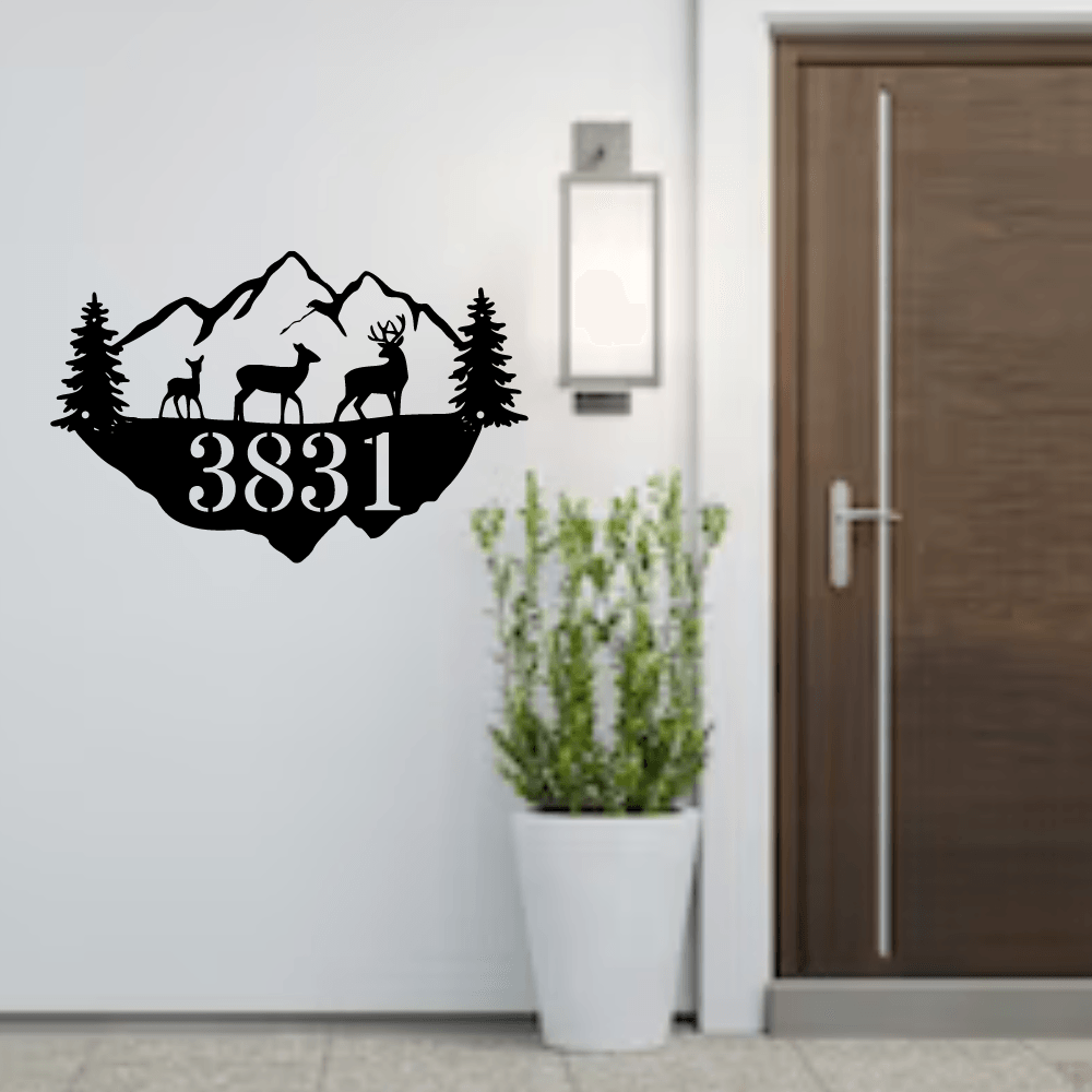 Mountains with deer and trees address sign - Northern Heart Designs