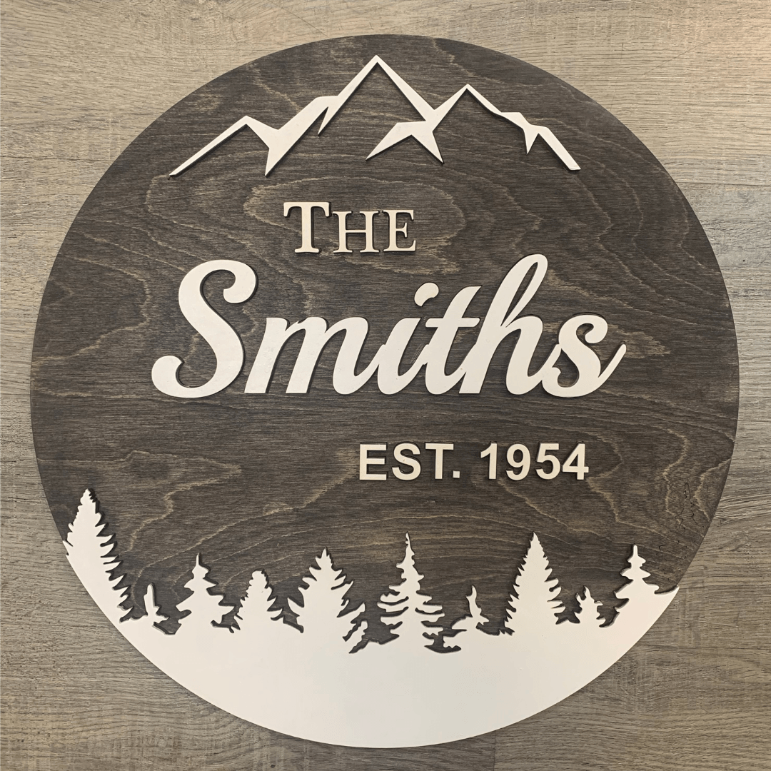 Name sign with mountains and trees - Northern Heart Designs