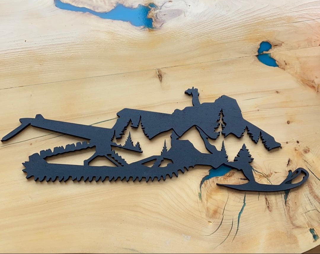 Snowmobile with mountains and trees - Northern Heart Designs